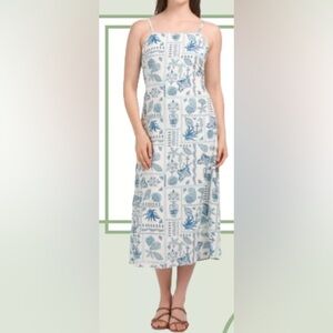Blue and White Linen Blend Coastal Print Midi Dress Size Large